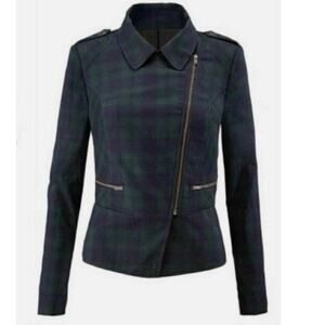 Cabi Tartan Plaid Jacket Womens 4 Asymmetrical Moto Zip Jacket‎ Green Blue